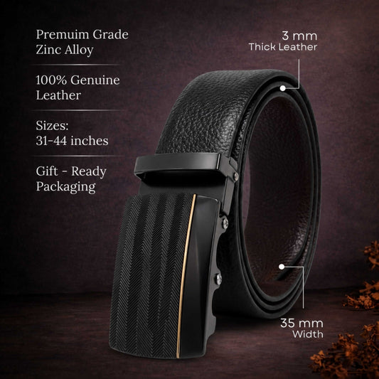 Mens 100% Genuine Leather Belt - LUXORIC Pebble-Grain, RATCHON Pinstripe Auto-Lock Buckle (Black & Brown Reversible) — Leather Belts for Men | THE MEN THING