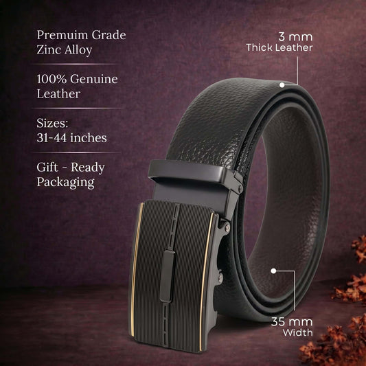 Mens 100% Genuine Leather Belt - LUXORIC Pebble-Grain, VITARO Cross-Hatch Auto-Lock Buckle (Black & Brown Reversible) — Leather Belts for Men | THE MEN THING