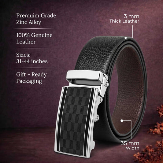 Mens 100% Genuine Leather Belt - LUXORIC Pebble-Grain, ARKON Checkerboard Auto-Lock Buckle (Black & Brown Reversible) — Leather Belts for Men | THE MEN THING