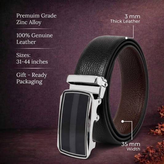 Mens 100% Genuine Leather Belt - LUXORIC Pebble-Grain, KLYNT Chrome Gloss-Black Auto-Lock Buckle (Black & Brown Reversible) — Leather Belts for Men | THE MEN THING