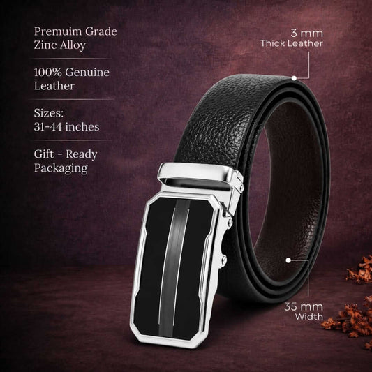 Mens 100% Genuine Leather Belt - LUXORIC Pebble-Grain, OVRIS Chrome-Frame Auto-Lock Buckle (Black & Brown Reversible) — Leather Belts for Men | THE MEN THING
