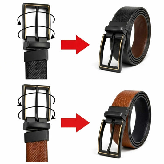 Mens 100% Genuine Leather Belt - SIGNORA Micro-Grain, CYRON Gold-Edge Gunmetal Pin Buckle (Black & Brown Reversible) — Leather Belts for Men | THE MEN THING