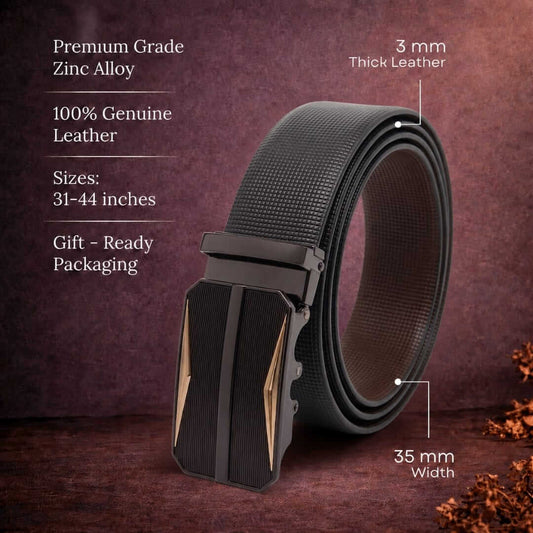 Mens 100% Genuine Leather Belt - NEXVIOR Grid-Emboss, RATCHOR Gold-Accent Auto-Lock Buckle (Black & Brown Reversible) — Leather Belts for Men | THE MEN THING