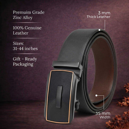 Mens 100% Genuine Leather Belt - NEXVIOR Grid-Emboss, SNAPTOR Gold-Bar Auto-Lock Buckle (Black & Brown Reversible) — Leather Belts for Men | THE MEN THING