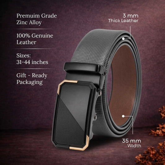 Mens 100% Genuine Leather Belt - NEXVIOR Grid-Emboss, BELVARO Gloss Gold-Frame Auto-Lock Buckle (Black & Brown Reversible) — Leather Belts for Men | THE MEN THING
