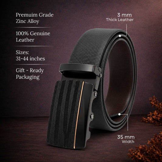 Mens 100% Genuine Leather Belt - NEXVIOR Grid-Emboss, RATCHON Pinstripe Auto-Lock Buckle (Black & Brown Reversible) — Leather Belts for Men | THE MEN THING