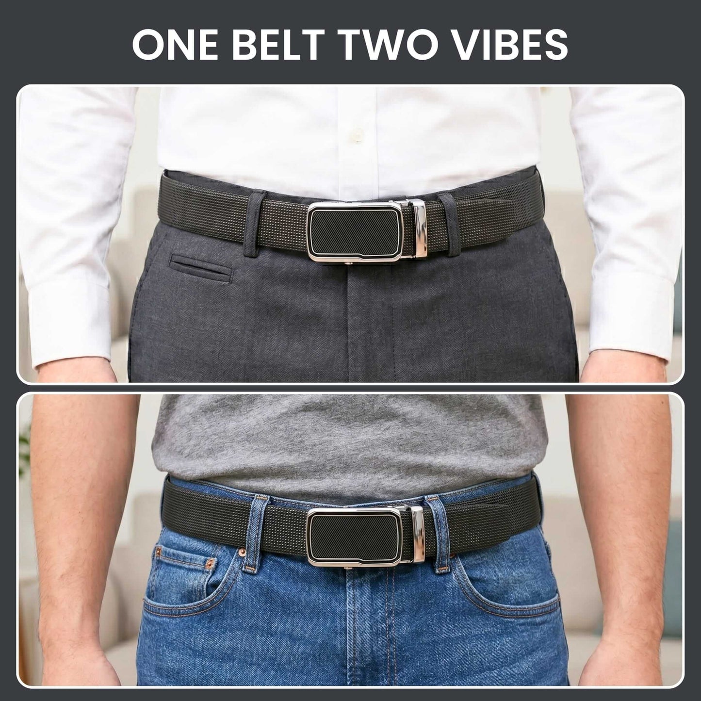 Mens 100% Genuine Leather Belt - NEXVIOR Grid-Emboss, STRYX Steel-Frame Auto-Lock Buckle (Black & Brown Reversible) — Leather Belts for Men | THE MEN THING