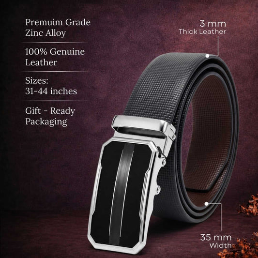 Mens 100% Genuine Leather Belt - NEXVIOR Grid-Emboss, OVRIS Chrome-Frame Auto-Lock Buckle (Black & Brown Reversible) — Leather Belts for Men | THE MEN THING