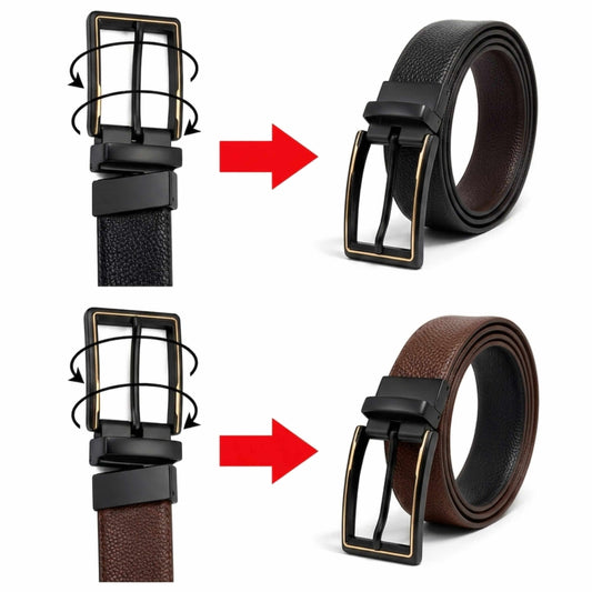 Mens 100% Genuine Leather Belt - LUXORIC Pebble-Grain, CYRON Gold-Edge Gunmetal Pin Buckle (Black & Brown Reversible) — Leather Belts for Men | THE MEN THING