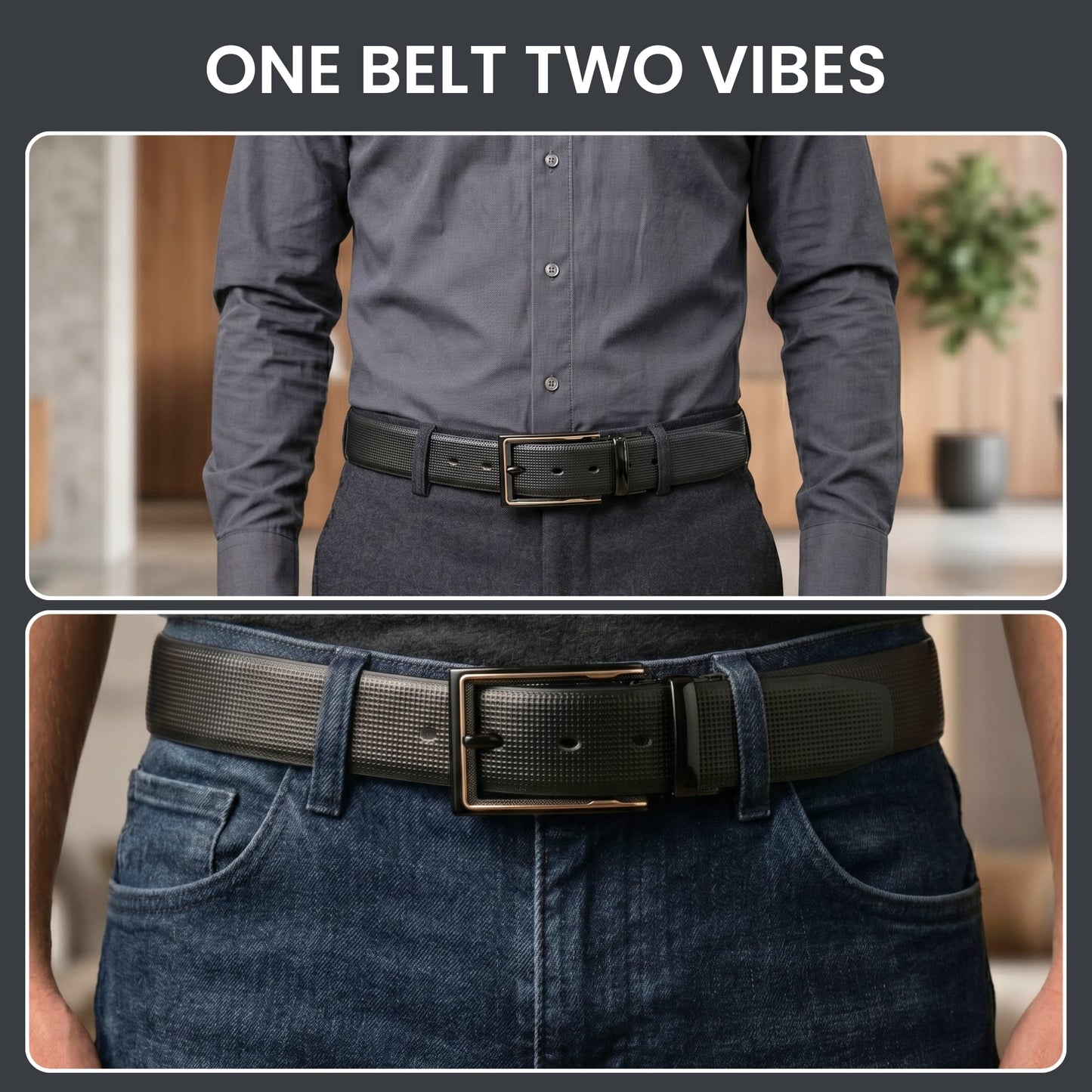 THE MEN THING Leather Belts Mens Genuine Leather Belt | 2 in 1 Reversible (Black & Brown) (1 Pc.) - QUADRON