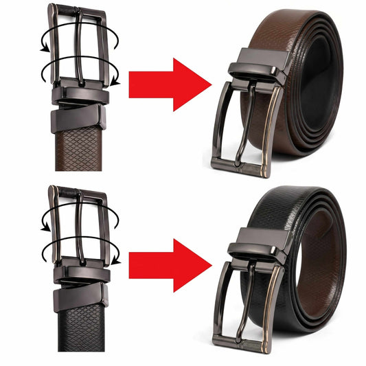 Mens 100% Genuine Leather Belt - REXVA Saffiano Texture, TORIX Brushed Bronze Pin Buckle (Black & Brown Reversible) — Leather Belts for Men | THE MEN THING