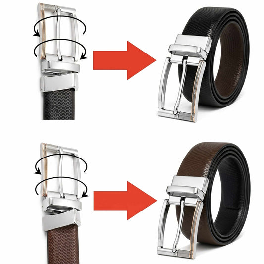 Mens 100% Genuine Leather Belt - REXVA Saffiano Texture, DYNARO Mirror Chrome Pin Buckle (Black & Brown Reversible) — Leather Belts for Men | THE MEN THING