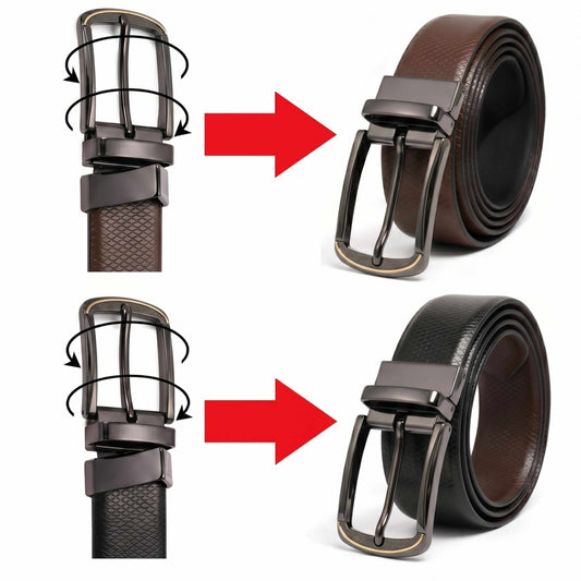 Mens 100% Genuine Leather Belt - REXVA Saffiano Texture, ARQON Gold-Trim Gunmetal Pin Buckle (Black & Brown Reversible) — Leather Belts for Men | THE MEN THING