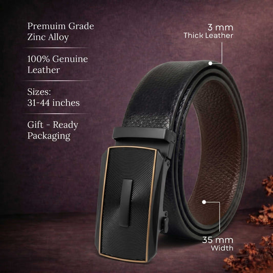 Mens 100% Genuine Leather Belt - REXVA Saffiano Texture, SNAPTOR Gold-Bar Auto-Lock Buckle (Black & Brown Reversible) — Leather Belts for Men | THE MEN THING