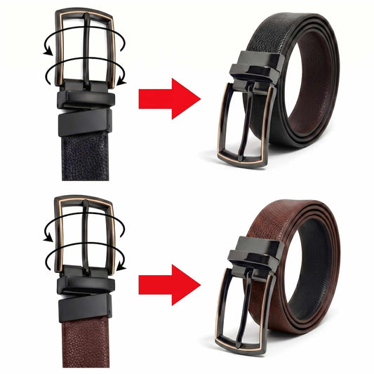 Mens 100% Genuine Leather Belt - REXVA Saffiano Texture, LATCHIX Slim Gunmetal Pin Buckle (Black & Brown Reversible) — Leather Belts for Men | THE MEN THING