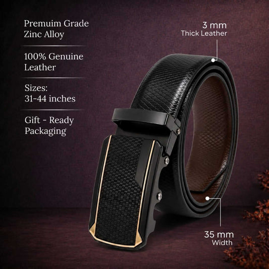 Mens 100% Genuine Leather Belt - REXVA Saffiano Texture, KINGVAR Carbon-Texture Auto-Lock Buckle (Black & Brown Reversible) — Leather Belts for Men | THE MEN THING