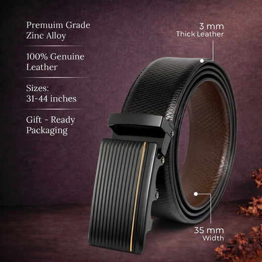 Mens 100% Genuine Leather Belt - REXVA Saffiano Texture, DRAKO Ribbed Auto-Lock Buckle (Black & Brown Reversible) — Leather Belts for Men | THE MEN THING