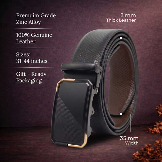Mens 100% Genuine Leather Belt - REXVA Saffiano Texture, BELVARO Gloss Gold-Frame Auto-Lock Buckle (Black & Brown Reversible) — Leather Belts for Men | THE MEN THING