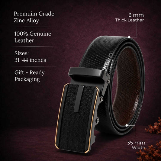 Mens 100% Genuine Leather Belt - REXVA Saffiano Texture, KRYPT Basket-Weave Auto-Lock Buckle (Black & Brown Reversible) — Leather Belts for Men | THE MEN THING