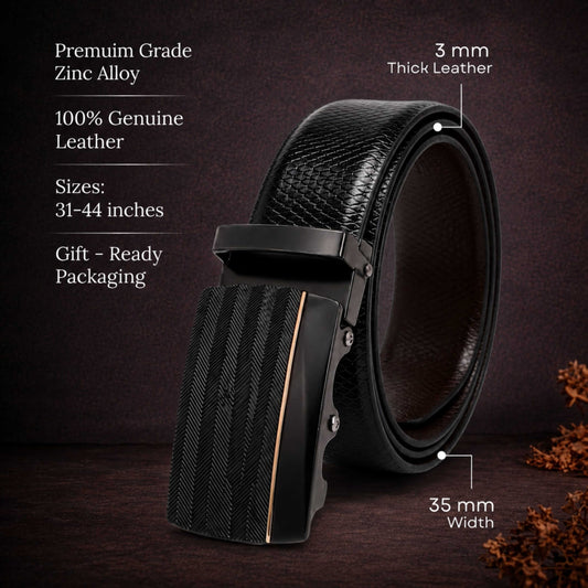 Mens 100% Genuine Leather Belt - REXVA Saffiano Texture, RATCHON Pinstripe Auto-Lock Buckle (Black & Brown Reversible) — Leather Belts for Men | THE MEN THING