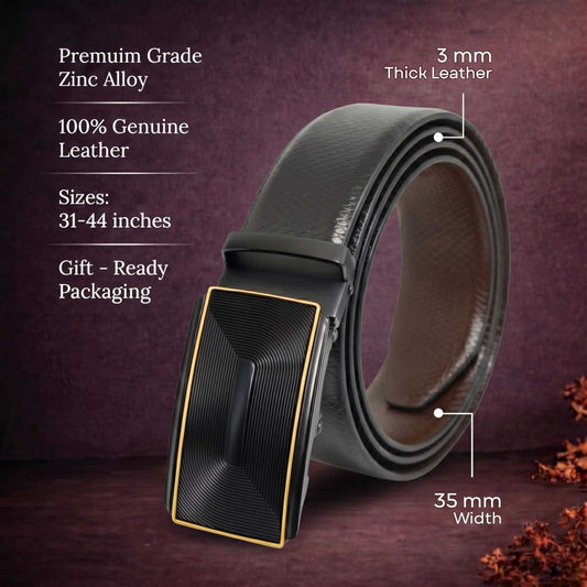 Mens 100% Genuine Leather Belt - REXVA Saffiano Texture, RYZOR Chevron Auto-Lock Buckle (Black & Brown Reversible) — Leather Belts for Men | THE MEN THING