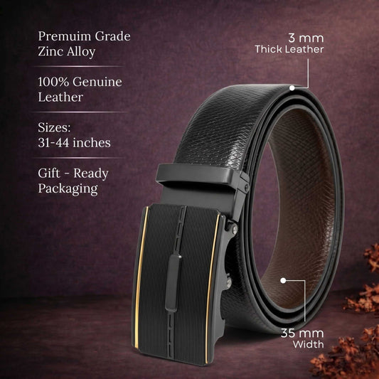 Mens 100% Genuine Leather Belt - REXVA Saffiano Texture, VITARO Cross-Hatch Auto-Lock Buckle (Black & Brown Reversible) — Leather Belts for Men | THE MEN THING