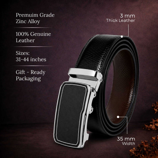 Mens 100% Genuine Leather Belt - REXVA Saffiano Texture, STRYX Steel-Frame Auto-Lock Buckle (Black & Brown Reversible) — Leather Belts for Men | THE MEN THING