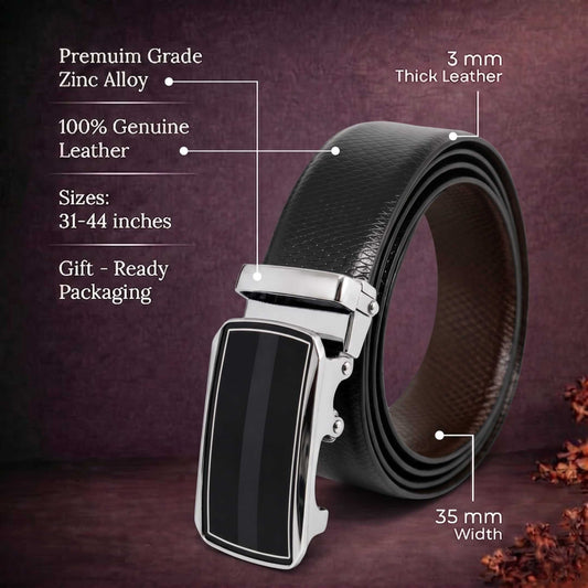 Mens 100% Genuine Leather Belt - REXVA Saffiano Texture, KLYNT Chrome Gloss-Black Auto-Lock Buckle (Black & Brown Reversible) — Leather Belts for Men | THE MEN THING