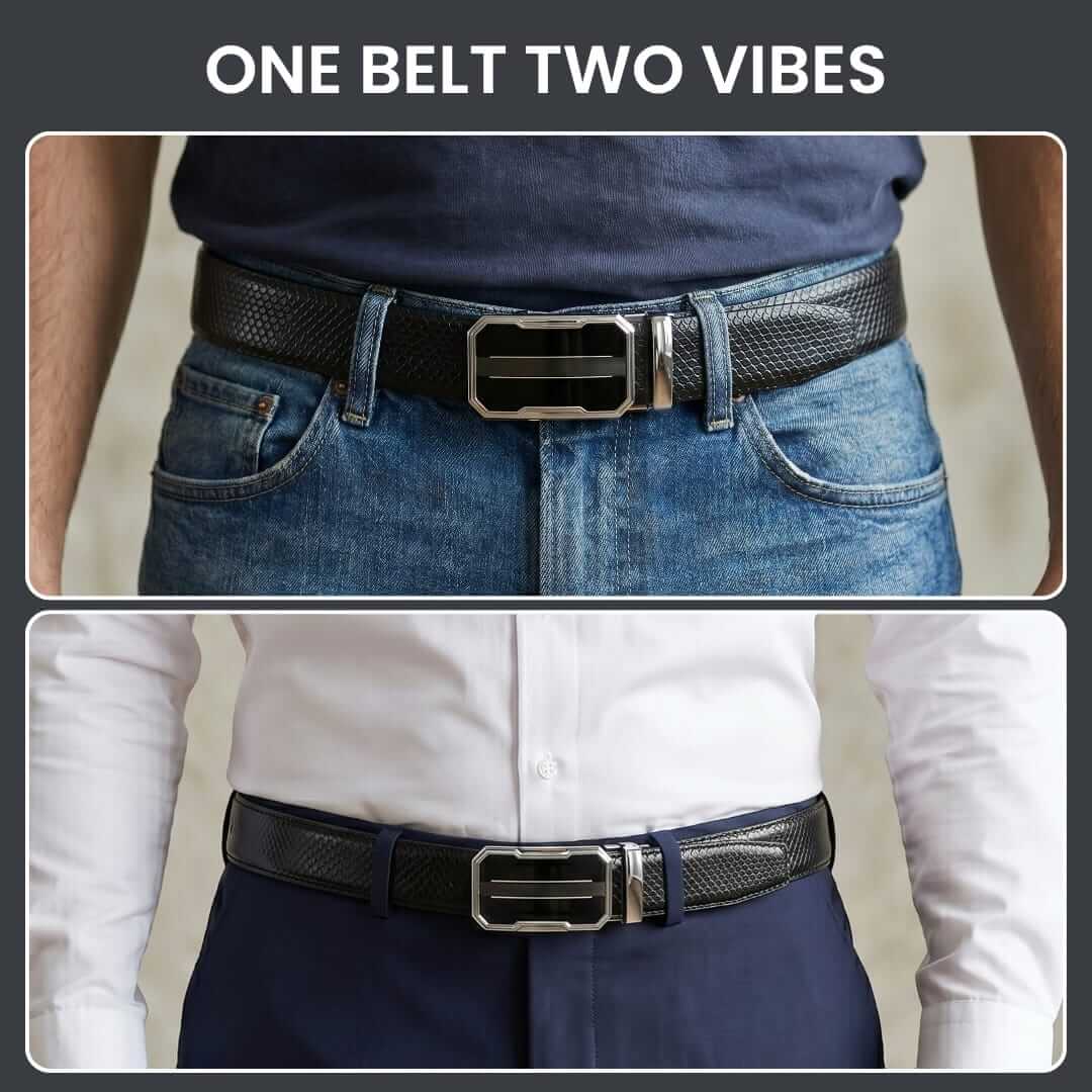 Mens 100% Genuine Leather Belt - REXVA Saffiano Texture, OVRIS Chrome-Frame Auto-Lock Buckle (Black & Brown Reversible) — Leather Belts for Men | THE MEN THING