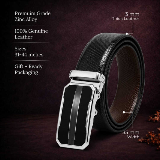 Mens 100% Genuine Leather Belt - REXVA Saffiano Texture, OVRIS Chrome-Frame Auto-Lock Buckle (Black & Brown Reversible) — Leather Belts for Men | THE MEN THING