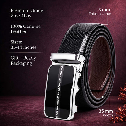 Mens 100% Genuine Leather Belt - REXVA Saffiano Texture, ROYVIC Chrome Gloss Auto-Lock Buckle (Black & Brown Reversible) — Leather Belts for Men | THE MEN THING
