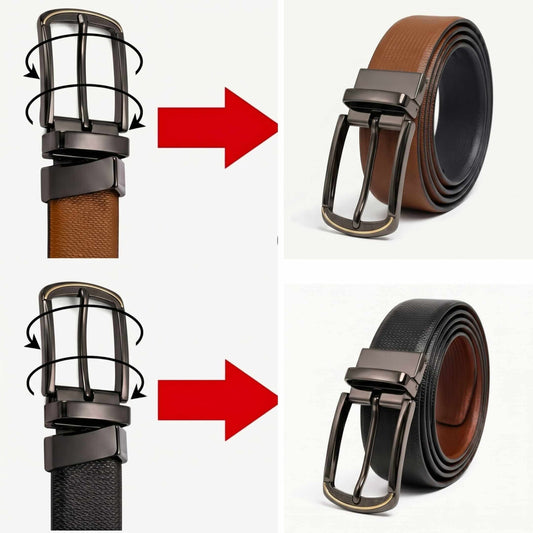 Mens 100% Genuine Leather Belt - SIGNORA Micro-Grain, ARQON Gold-Trim Gunmetal Pin Buckle (Black & Brown Reversible) — Leather Belts for Men | THE MEN THING