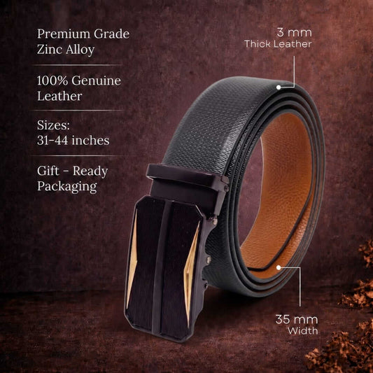 Mens 100% Genuine Leather Belt - SIGNORA Micro-Grain, RATCHOR Gold-Accent Auto-Lock Buckle (Black & Brown Reversible) — Leather Belts for Men | THE MEN THING