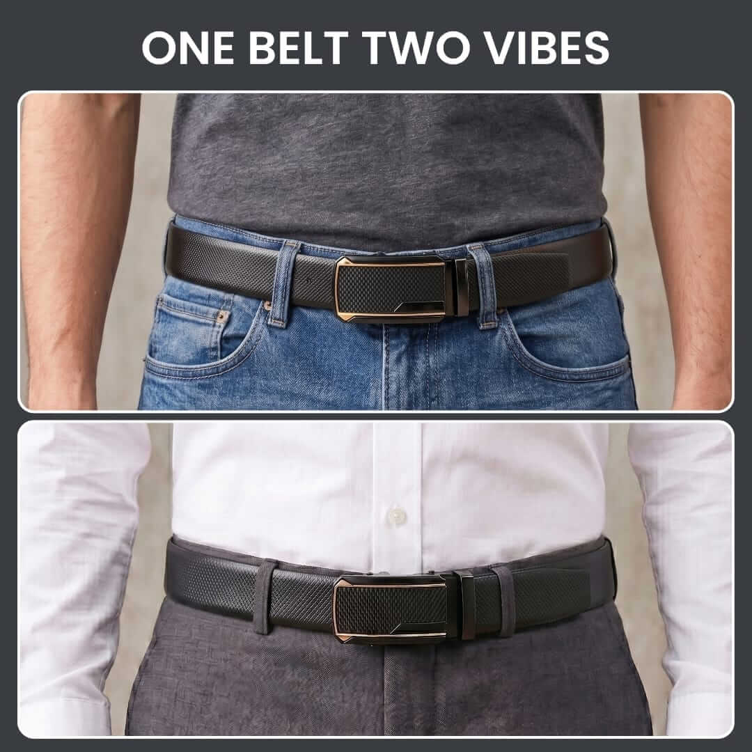 Mens 100% Genuine Leather Belt - SIGNORA Micro-Grain, KINGVAR Carbon-Texture Auto-Lock Buckle (Black & Brown Reversible) — Leather Belts for Men | THE MEN THING
