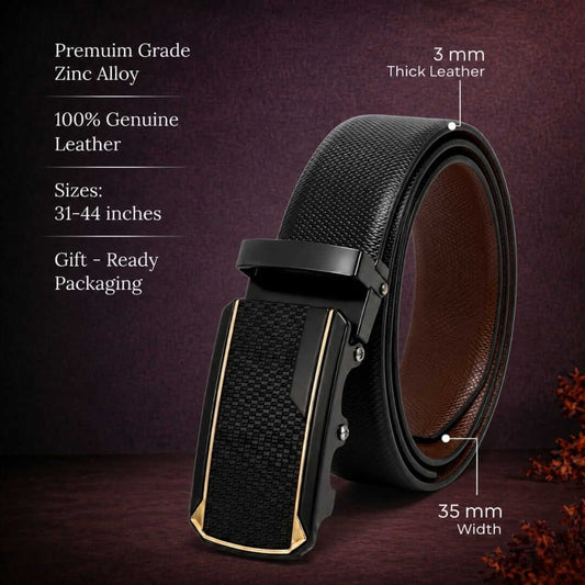 Mens 100% Genuine Leather Belt - SIGNORA Micro-Grain, KINGVAR Carbon-Texture Auto-Lock Buckle (Black & Brown Reversible) — Leather Belts for Men | THE MEN THING