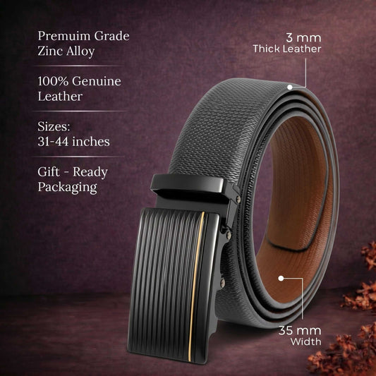 Mens 100% Genuine Leather Belt - SIGNORA Micro-Grain, DRAKO Ribbed Auto-Lock Buckle (Black & Brown Reversible) — Leather Belts for Men | THE MEN THING