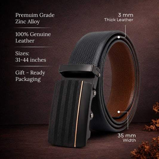 Mens 100% Genuine Leather Belt - SIGNORA Micro-Grain, RATCHON Pinstripe Auto-Lock Buckle (Black & Brown Reversible) — Leather Belts for Men | THE MEN THING