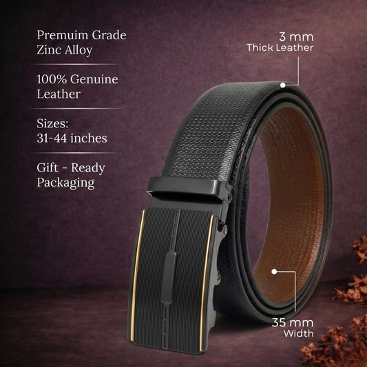 Mens 100% Genuine Leather Belt - SIGNORA Micro-Grain, VITARO Cross-Hatch Auto-Lock Buckle (Black & Brown Reversible) — Leather Belts for Men | THE MEN THING