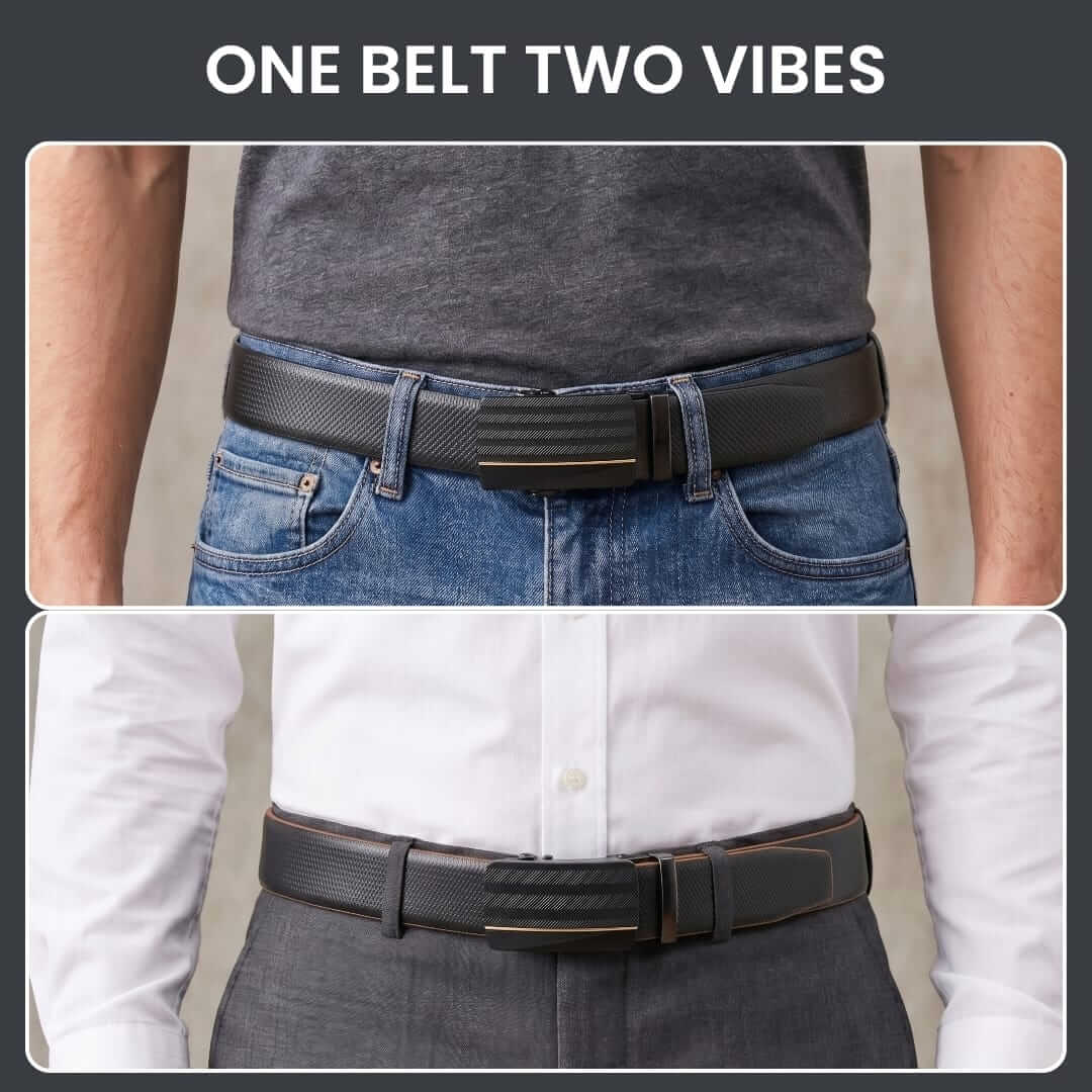 Mens 100% Genuine Leather Belt - SIGNORA Micro-Grain, RATCHON Pinstripe Auto-Lock Buckle (Black & Brown Reversible) — Leather Belts for Men | THE MEN THING