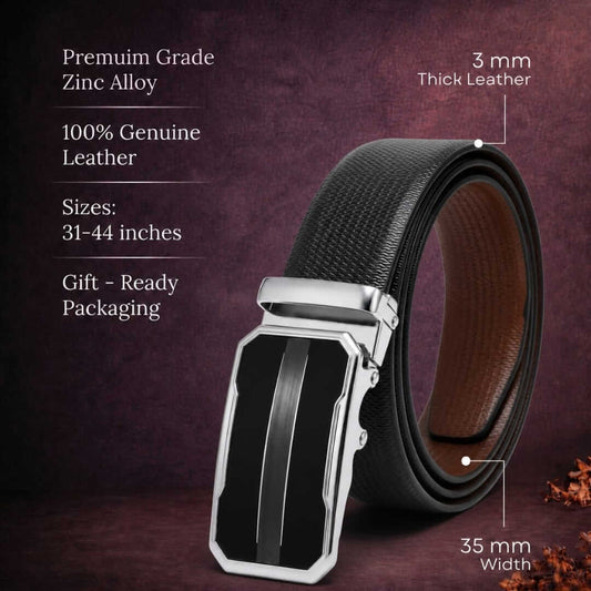 Mens 100% Genuine Leather Belt - SIGNORA Micro-Grain, OVRIS Chrome-Frame Auto-Lock Buckle (Black & Brown Reversible) — Leather Belts for Men | THE MEN THING