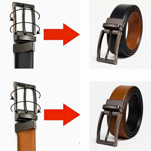 Mens 100% Genuine Leather Belt - VELARO Smooth Matte, TORIX Brushed Bronze Pin Buckle (Black & Brown Reversible) — Leather Belts for Men | THE MEN THING