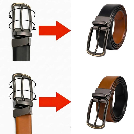 Mens 100% Genuine Leather Belt - VELARO Smooth Matte, ARQON Gold-Trim Gunmetal Pin Buckle (Black & Brown Reversible) — Leather Belts for Men | THE MEN THING