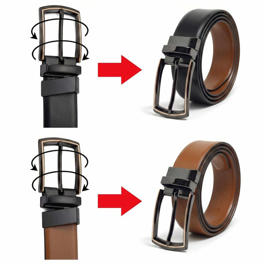 Mens 100% Genuine Leather Belt - VELARO Smooth Matte, LATCHIX Slim Gunmetal Pin Buckle (Black & Brown Reversible) — Leather Belts for Men | THE MEN THING