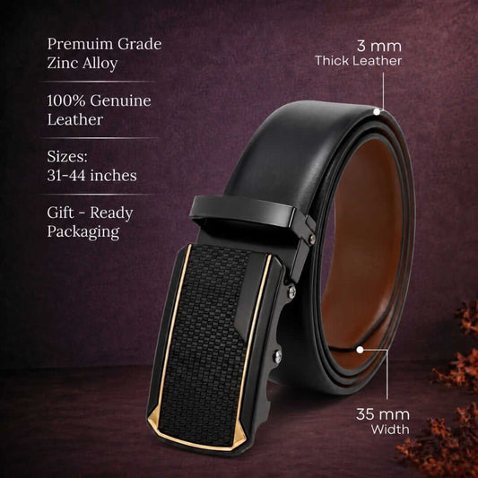 Mens 100% Genuine Leather Belt - VELARO Smooth Matte, KINGVAR Carbon-Texture Auto-Lock Buckle (Black & Brown Reversible) — Leather Belts for Men | THE MEN THING