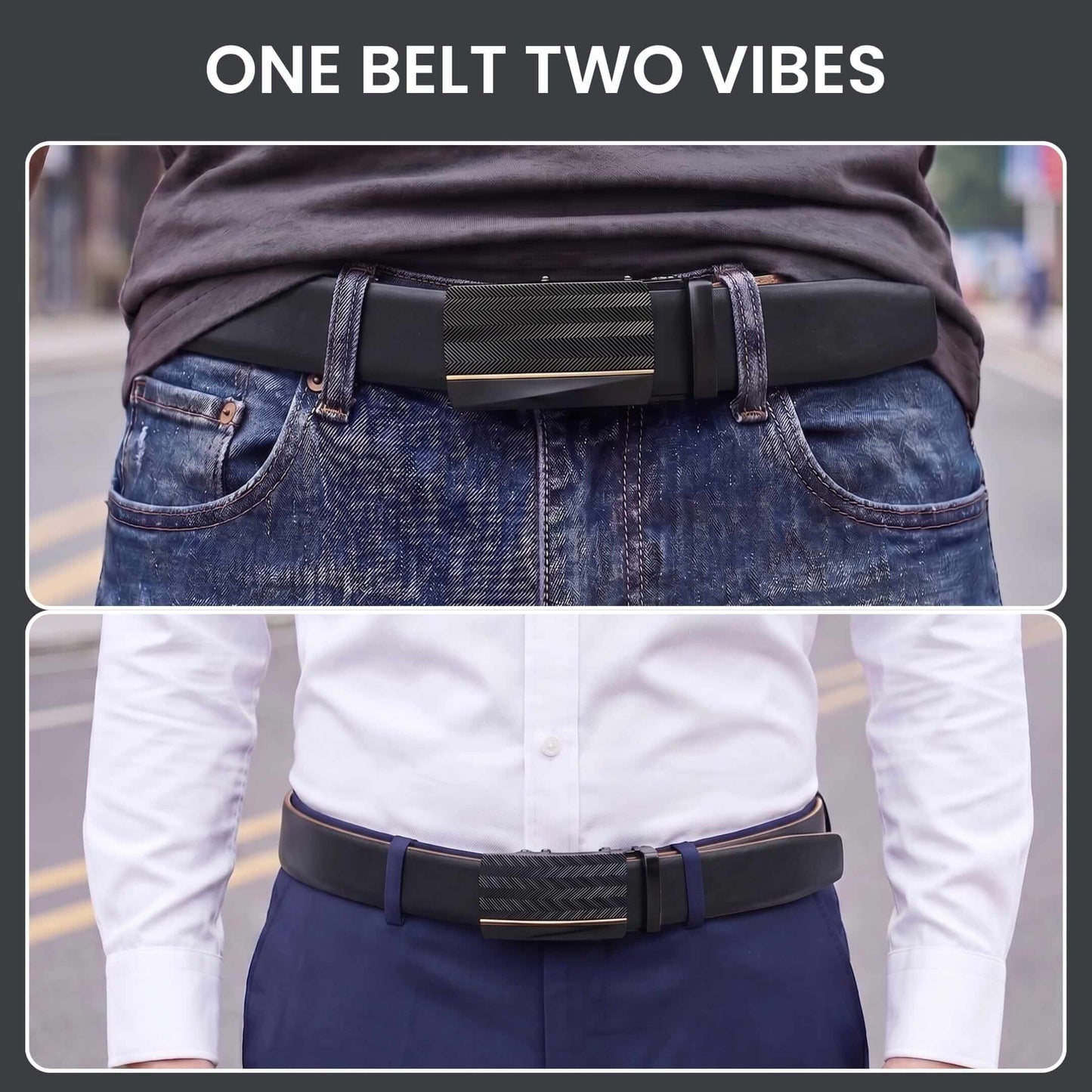Mens 100% Genuine Leather Belt - VELARO Smooth Matte, RATCHON Pinstripe Auto-Lock Buckle (Black & Brown Reversible) — Leather Belts for Men | THE MEN THING