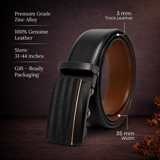 Mens 100% Genuine Leather Belt - VELARO Smooth Matte, RATCHON Pinstripe Auto-Lock Buckle (Black & Brown Reversible) — Leather Belts for Men | THE MEN THING