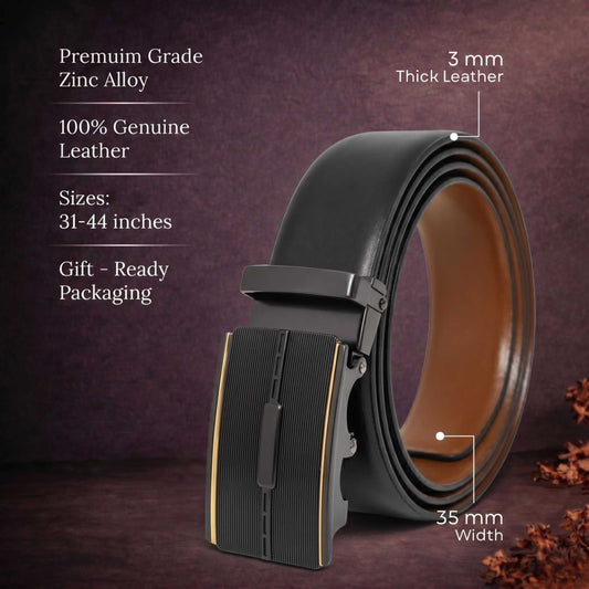 Mens 100% Genuine Leather Belt - VELARO Smooth Matte, VITARO Cross-Hatch Auto-Lock Buckle (Black & Brown Reversible) — Leather Belts for Men | THE MEN THING
