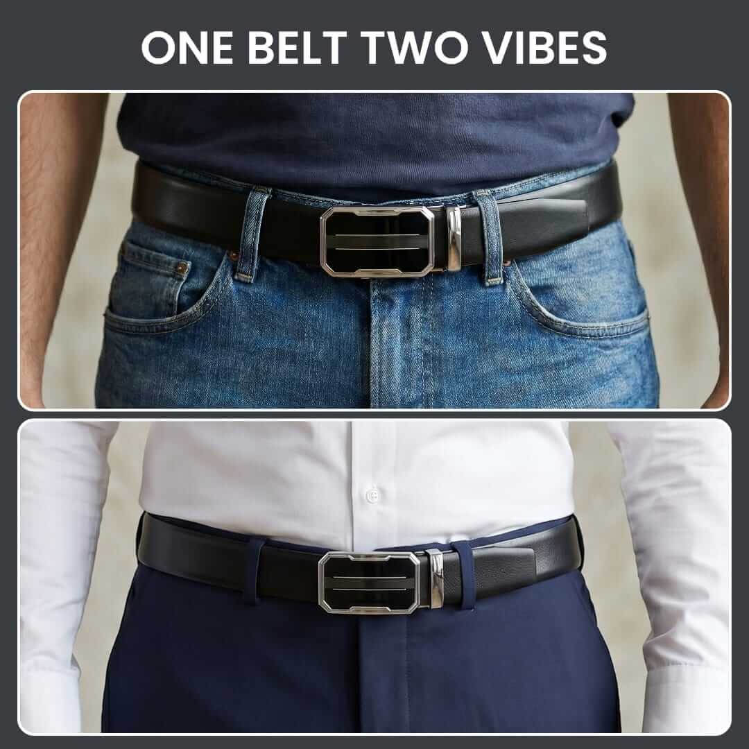 Mens 100% Genuine Leather Belt - VELARO Smooth Matte, OVRIS Chrome-Frame Auto-Lock Buckle (Black & Brown Reversible) — Leather Belts for Men | THE MEN THING