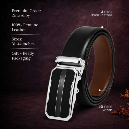 Mens 100% Genuine Leather Belt - VELARO Smooth Matte, OVRIS Chrome-Frame Auto-Lock Buckle (Black & Brown Reversible) — Leather Belts for Men | THE MEN THING
