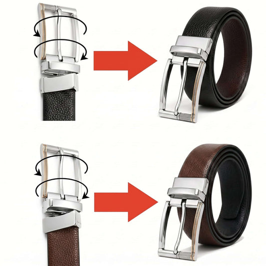 Mens 100% Genuine Leather Belt - LUXORIC Pebble-Grain, DYNARO Mirror Chrome Pin Buckle (Brown & Black Reversible) — Leather Belts for Men | THE MEN THING